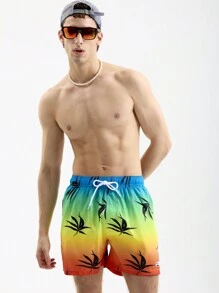 Manfinity Men Vacation Leisure Pool Plant Printed Tie-Dye Beach Shorts