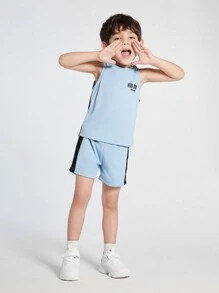 Conjunto de camiseta sin mangas y pantalones cortos de secado rápido para niños pequeños, conjunto deportivo de verano con chaleco de bloques de color - Azul - Ver 3