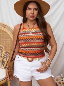 SHEIN LUNE Camiseta sin mangas de talla grande para mujer con estilo vintage y estampado geométrico, rayas coloridas y diseño de cuello halter para uso casual en verano