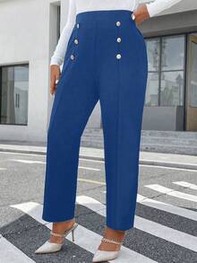 Celure Pantalones De Cintura Alta Con Detalle De Botones Para Tallas Grandes - Azul - Ver 3