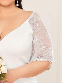 EVERPRETTY Plus Sheer Sequin Embroidery Mesh Sleeve Prom Dress - White - View 3