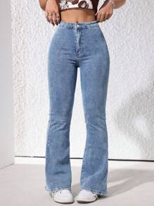 SHEIN ICON Women's Fashion High-Waisted Slim Fit Flared Denim Jeans - Medium Wash - View 6