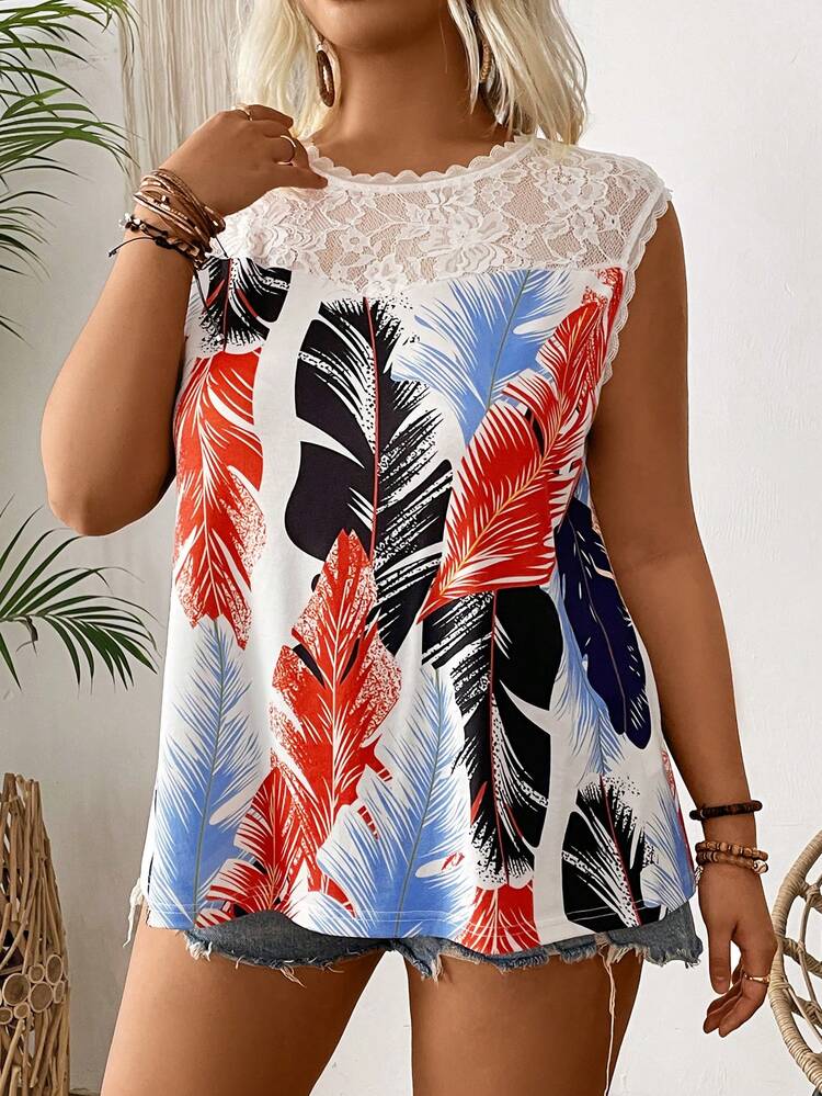 Plus Size Lace Trimmed Floral Printed Plant Pattern Women's Summer Tank Top, Holiday