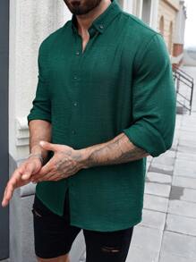 Manfinity Homme Men's Solid Color Long Sleeve Plain Shirt - Dark Green - View 5