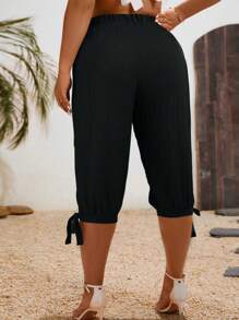 Ceyna Plus Size Women's Textured Knotted Hem Capri Pants For Summer - Black - View 2