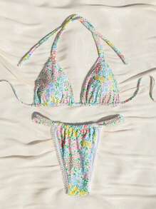 Swim Mod Women's Vacation Halter Ditsy Floral Bikini Set With Neck Tie, Random Print,Summer Beach