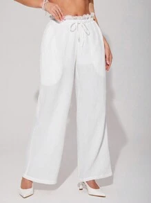 Sweetina Pantalones anchos de pierna ancha de textura de encaje a ganchillo con ajuste suelto de estilo casual Y2K, pantalones blancos de verano, atuendo para conciertos, atuendo de verano