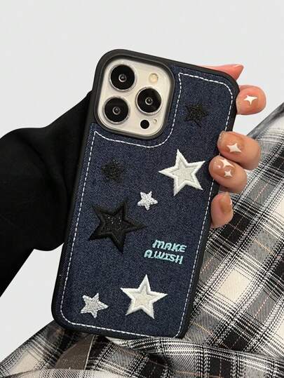 Grunge Punk 1pc Creative Denim Effect Embroidery Mobile Phone Case, Silicone Mobile Phone Protective Case, Compatible With IPhone