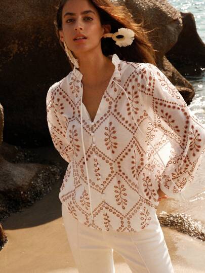 Anewsta Ladies' Hollow Out Embroidered Notched Neck Long Sleeve Shirt For Beach Vacation