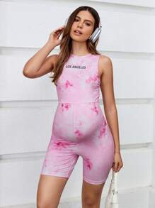SHEIN Maternity Outdoor Sports Tie-Dye Print Round Neck Sleeveless Jumpsuit With Back Zipper Closure, Short & Tight-Fitting Style - Pink - View 4