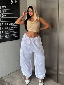 Sweetra Plus Size Women Summer Solid Color Waffle Grid Hooded Casual Tank Top - Yellow - View 8