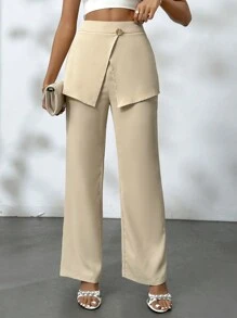 SHEIN Privé 女式純色直筒休閒日常通勤長褲，帶前面板保護 - 黑色 - 查看 3