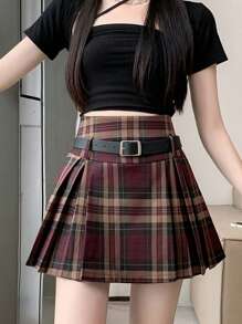 High Waist Plaid Skirt With Color Block And Pleats (With Waist Belt) - Red - View 4