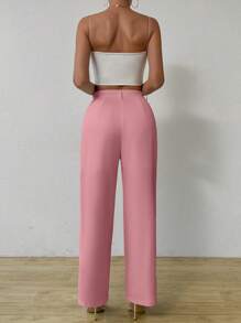 SHEIN Privé Casual Solid Color Asymmetrical High Waist Straight Leg Pants - Pink - View 2