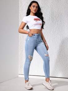 SHEIN EZwear Women's Fashionable High Waisted Distressed Denim Pants For Daily Wear