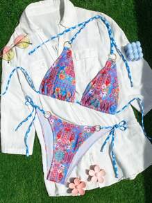 SHEIN Swim Conjunto de bikini de dos piezas con estampado floral aleatorio, cuello de halter y sexy, para vacaciones de verano de mujer - Multicolor - Ver 1