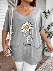SHEIN CURVE+ Áo thun dài tay in họa tiết hoa cúc cỡ lớn có túi - Màu Xám nhạt - Xem 4