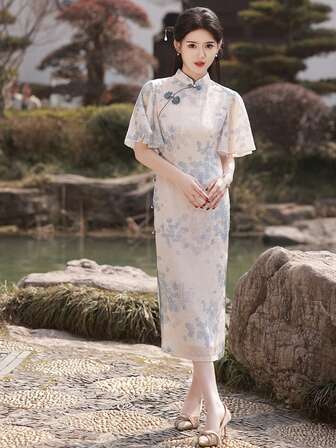 Elegant Vintage Floral Print Stand Collar Button-Down Short Cheongsam Dress, Summer