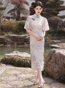 Robe cheongsam élégante et vintage à imprimé floral, col montant, à boutons, courte, pour l'été