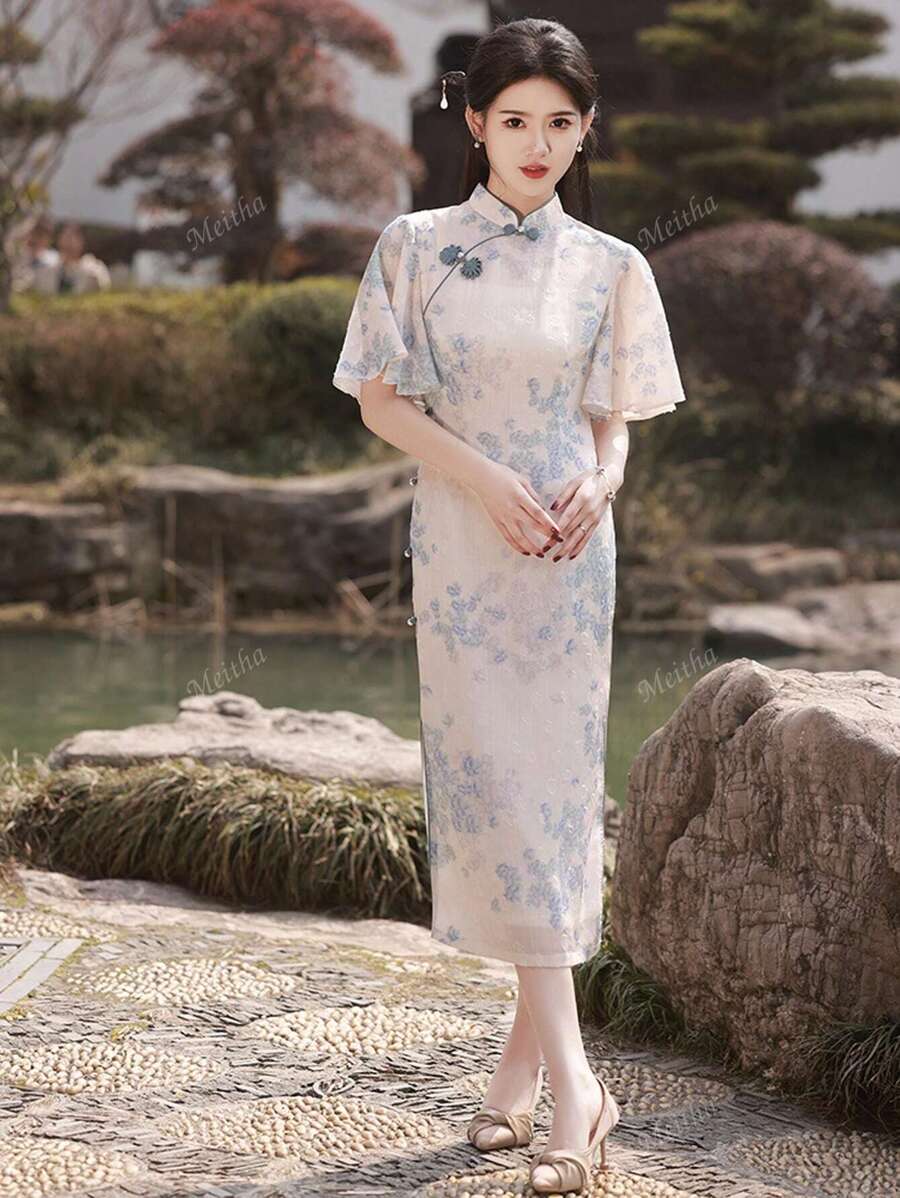 Robe cheongsam élégante et vintage à imprimé floral, col montant, à boutons, courte, pour l'été
