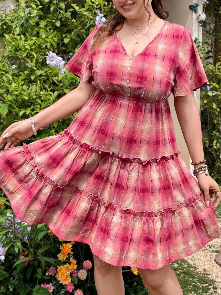 WYWH Casual Vacation Romantic Pink Gradient Plaid V-Neck Button Decoration Loose Ruffle Hem Short Dress