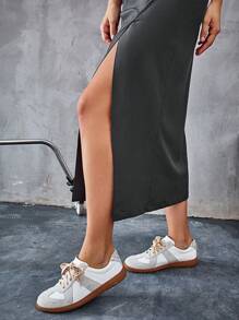 Aveloria Affinna Summer Casual Color-Block Elastic Waist Ruched Slit Design Skirt