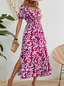 Breezaya Women V-Neck Full-Print Wrap Dress - Hot Pink - View 5