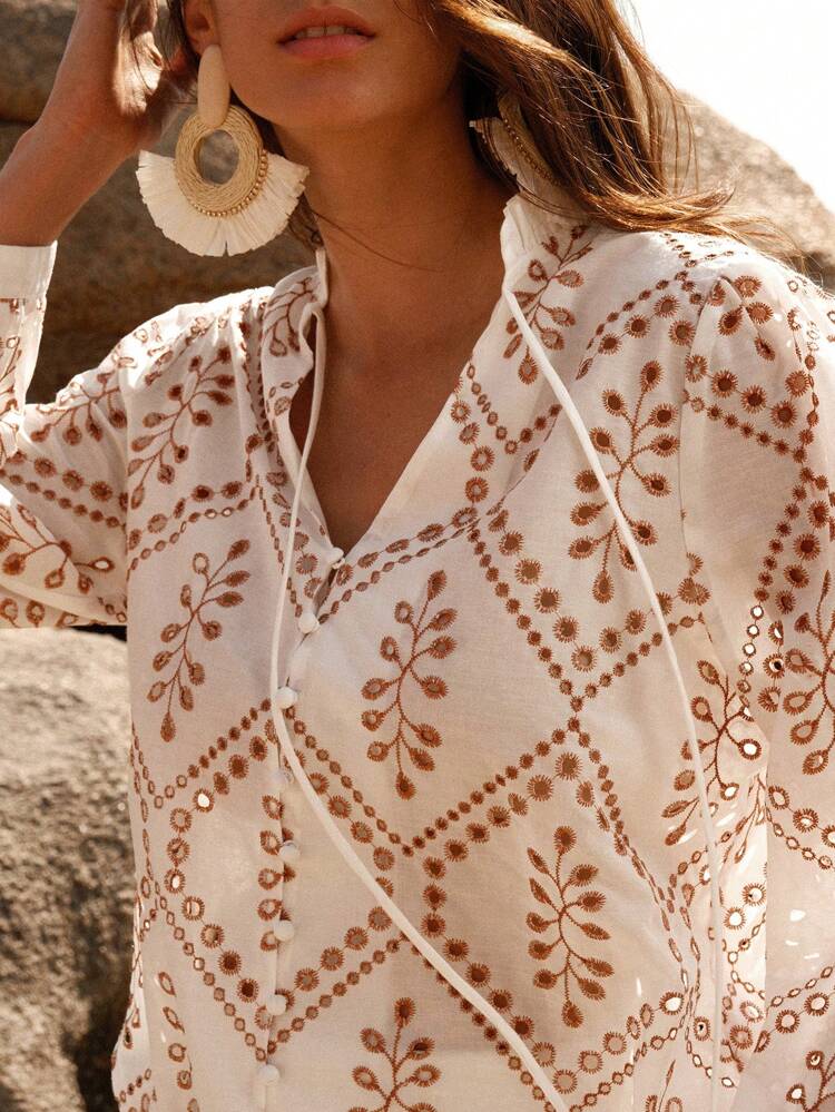 Ladies' Hollow Out Embroidered Notched Neck Long Sleeve Shirt For Beach Vacation