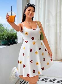 SHEIN EZwear 女性大尺碼多彩花卉印花夏季吊帶洋裝