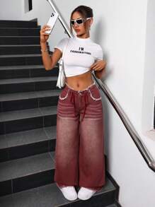 SHEIN ICON 女性時尚寬鬆長褲，帶有鬆散編織腰帶的磨破牛仔褲 - 紅色 - 查看 2