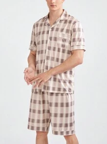 Men Plaid Patchwork Pocketed Homewear Set - Multicolor - View 3