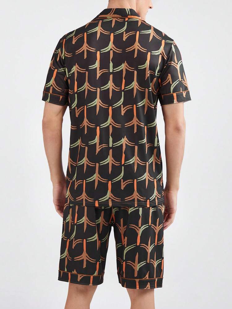 Men's All-Over Printed Lapel Collar Short Sleeve Shirt And Shorts Homewear Set