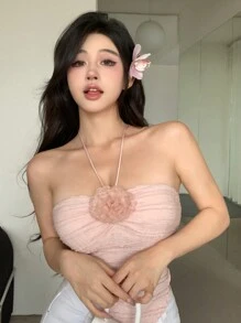 DAZY Textured 3D Floral Halter Women's Camisole Top With Asymmetrical Hem Summer Valentine's Day - Baby Pink - View 4