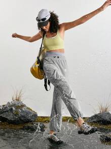 In My Nature Women's Outdoor Sports High Waist Pants, Commuting, Tummy Control, Loose Leg, Elastic Cuff, Large Pockets, Running & Hiking Trousers - Grey - View 3