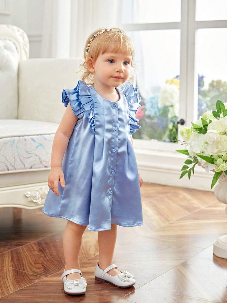 Baby Girl's Elegant And Gorgeous Satin Ruffle Hem Pleated Dress With Cap Sleeves