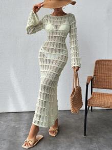 EURMUSE Cottnline Long Sleeve Crochet Jacquard Dress As Cover, For Summer Beach Vacation - Apricot - View 1
