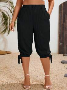 Ceyna Plus Size Women's Textured Knotted Hem Capri Pants For Summer - Black - View 4