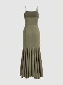 Firerie Vestido de tirantes finos con volantes, dobladillo asimétrico y elegante color verde para mujer en verano