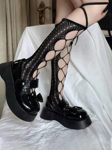 ROMWE Fairycore 繫帶鏤空及膝漁網襪