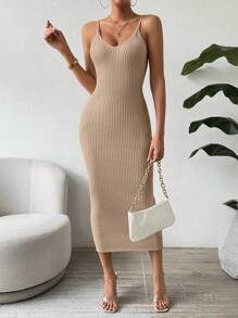 SHEIN Clasi Váy len dệt kim không tay màu trơn đơn giản thời trang dành cho nữ - Lạc đà - Xem 5