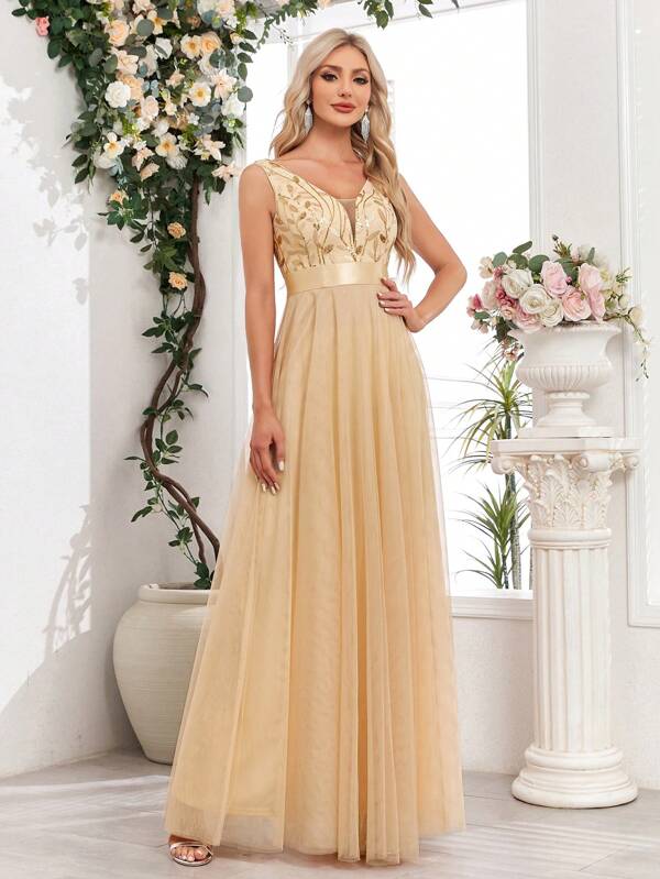 V-Neck Mesh&Sequins A-Line Prom Bridesmaid Dresses,Formal Wedding Guest Gown, For Graduation, Dinner