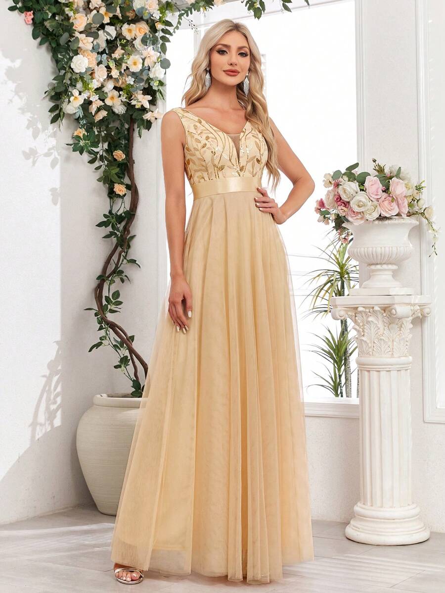 Đầm phù dâu dáng chữ A không tay cổ chữ V bằng vải lưới đính sequin và thêu, đầm dạ hội thanh lịch dành cho nữ, đầm dự tiệc cưới trang trọng, trang phục dự tiệc gala ngày lễ. - Vàng - Xem 1
