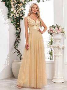 V-Neck Mesh A-Line Party Gown, Bridesmaid Dress, Wedding Guest Formal Attire, Graduation Ceremony, Banquet, Summer