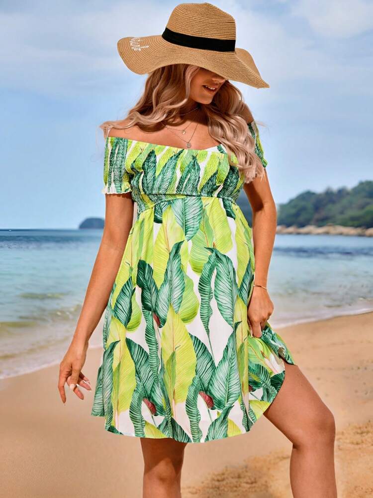 Maternity Island Vacation Beach Short Sleeve Cross Off Shoulder Short Dress