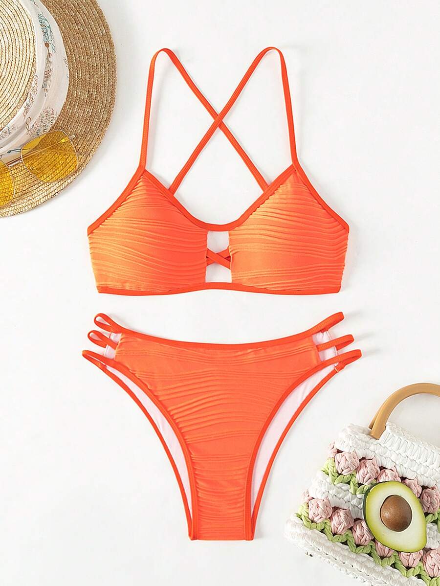 SHEIN Swim Solid Textured Spaghetti Strap Bikini Set Bathing Suit For Beach Vacation Summer - Orange - View 1