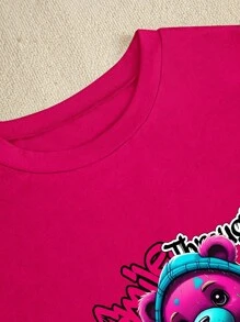 SHEIN VaVaLuxe Women's Slim Fit Casual Short Sleeve T-Shirt, 'Turning Lemons Into Lemonade' Bear Print Graphic Tees Women Tops