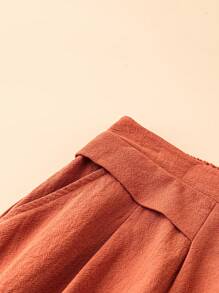 SHEIN Essnce Quần mùa hè nữ màu trơn thường ngày bán co giãn Quần cotton và vải lanh ống rộng - Rỉ Nâu - Xem 3