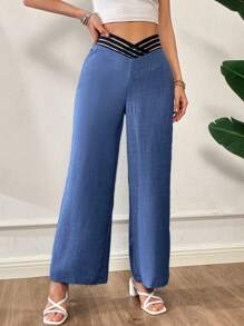 SHEIN Essnce Women's Summer Blue Denim Effect Fashionable V-Shaped Asymmetrical Waist Design Loose Wide-Leg Pants