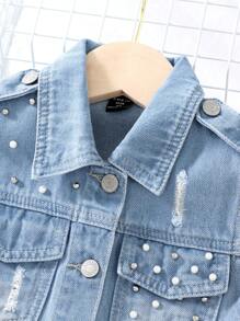 Young Girl Light Blue Washed Denim Vest And Skirt Set With Stud Embellishment - Medium Wash - View 8