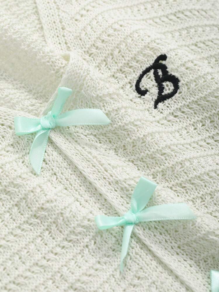 Women's Spring/Summer Casual Slim Fit Knitted Top With Hollow Out Design, Letter Embroidery & Bow Decoration